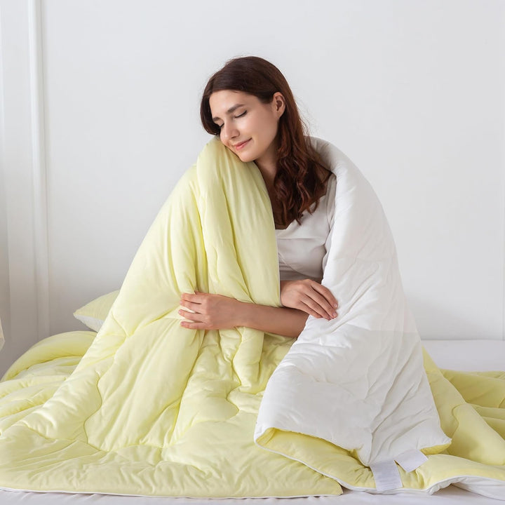 COTTEBED Reversible Queen Sized Bedding Comforter Sets - Cute Jersey Knit Dual - Sided Full Down Comforters - Ultra - Soft Breathable Fluffy Lightweight Quilt & 2 Pillow Shams All Season(Yellow and White) - Just Closeouts Canada Inc.