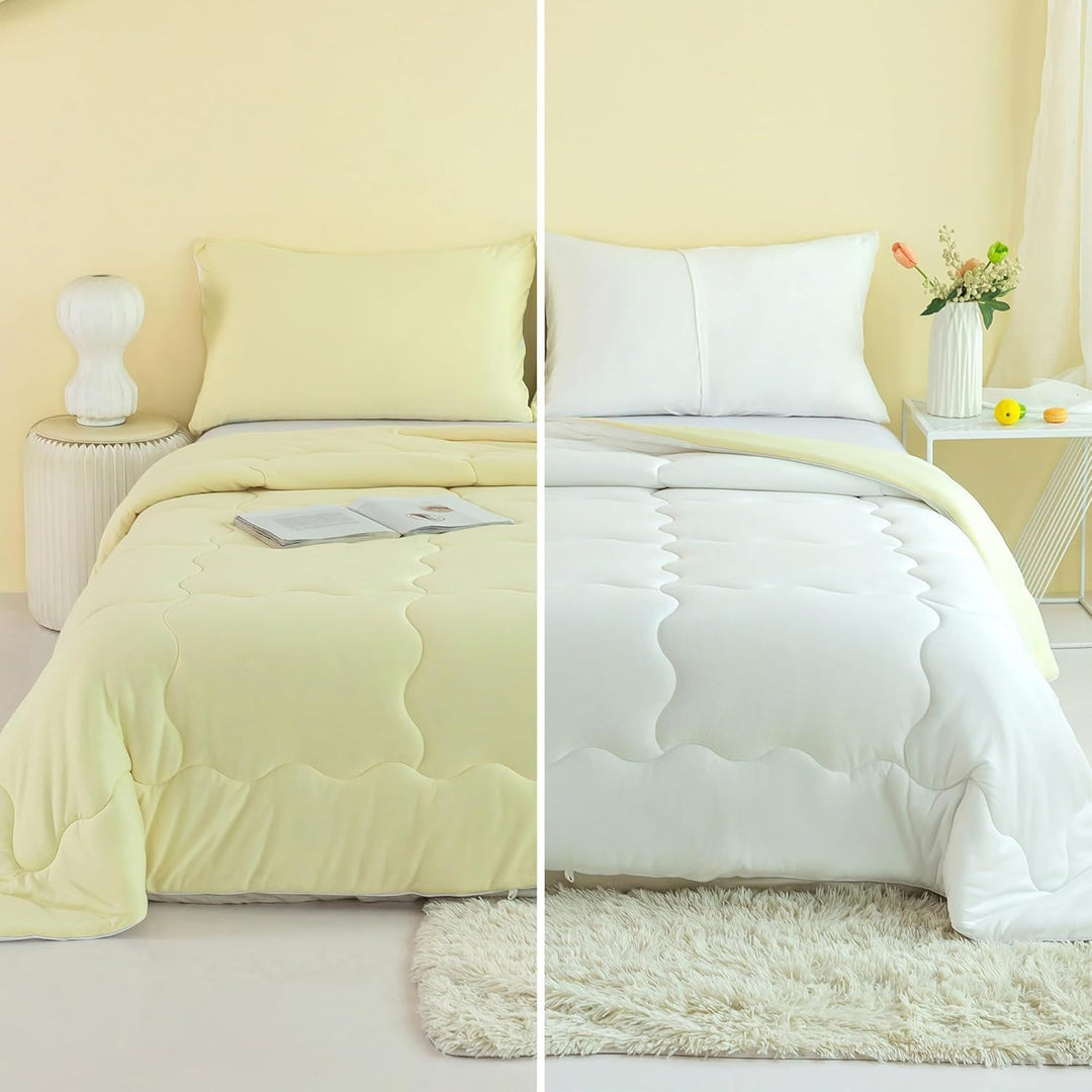 COTTEBED Reversible Queen Sized Bedding Comforter Sets - Cute Jersey Knit Dual - Sided Full Down Comforters - Ultra - Soft Breathable Fluffy Lightweight Quilt & 2 Pillow Shams All Season(Yellow and White) - Just Closeouts Canada Inc.