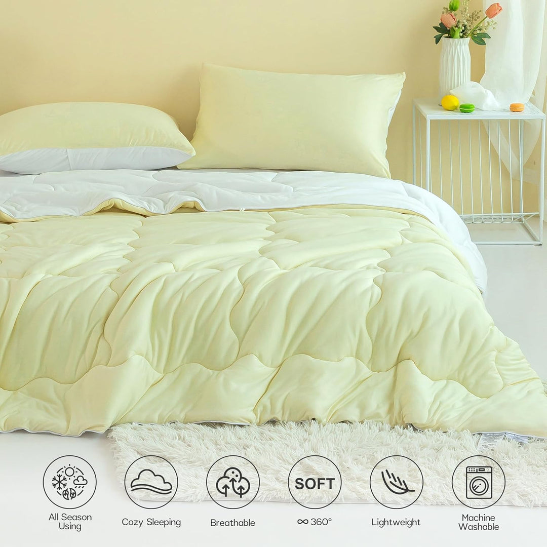 COTTEBED Reversible Queen Sized Bedding Comforter Sets - Cute Jersey Knit Dual - Sided Full Down Comforters - Ultra - Soft Breathable Fluffy Lightweight Quilt & 2 Pillow Shams All Season(Yellow and White) - Just Closeouts Canada Inc.