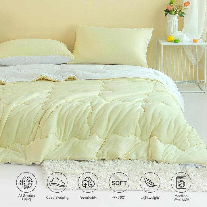 COTTEBED Reversible Queen Sized Bedding Comforter Sets - Cute Jersey Knit Dual - Sided Full Down Comforters - Ultra - Soft Breathable Fluffy Lightweight Quilt & 2 Pillow Shams All Season(Yellow and White) - Just Closeouts Canada Inc.
