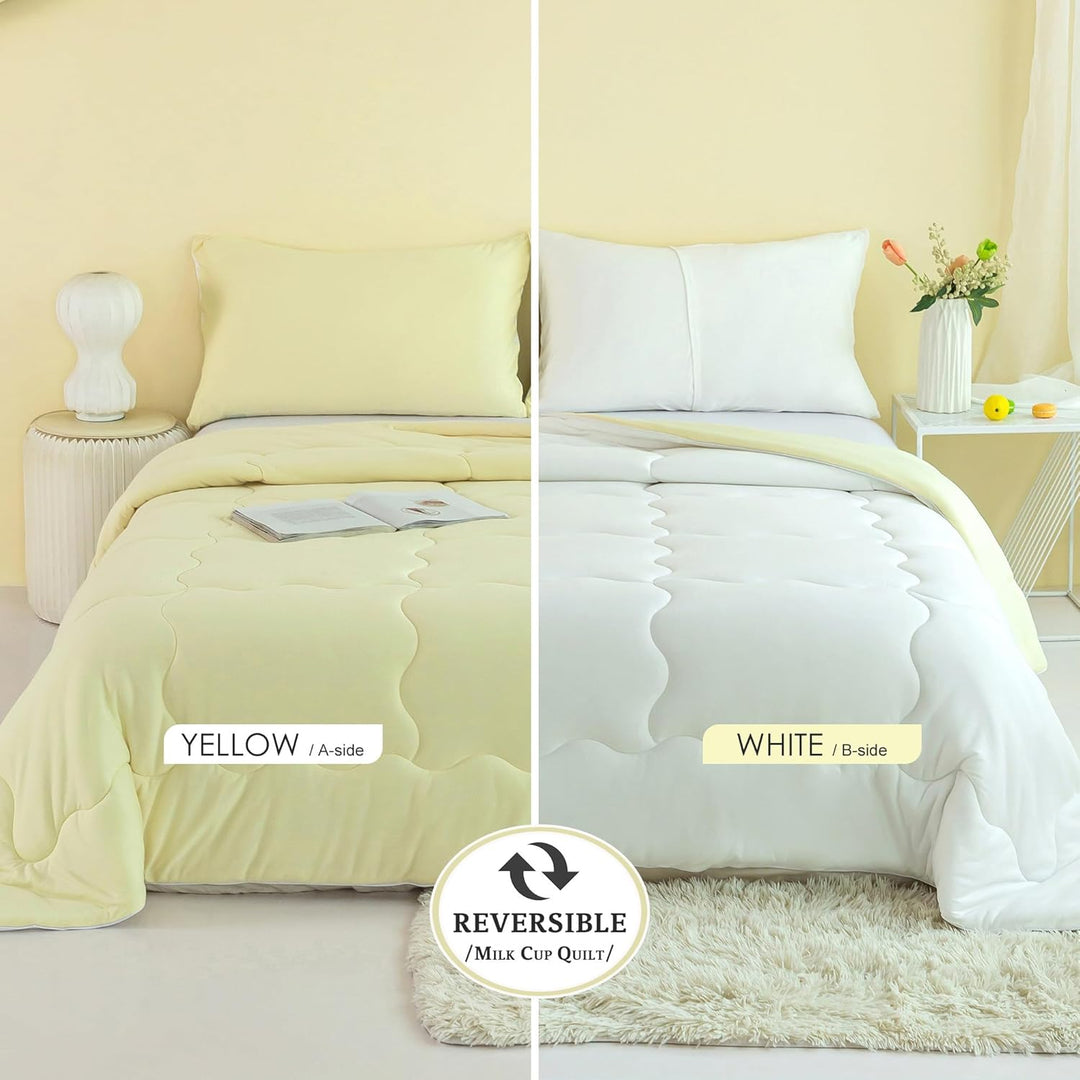 COTTEBED Reversible Queen Sized Bedding Comforter Sets - Cute Jersey Knit Dual - Sided Full Down Comforters - Ultra - Soft Breathable Fluffy Lightweight Quilt & 2 Pillow Shams All Season(Yellow and White) - Just Closeouts Canada Inc.