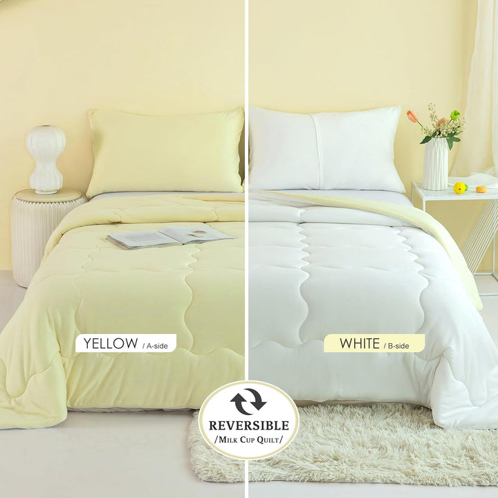 COTTEBED Reversible Queen Sized Bedding Comforter Sets - Cute Jersey Knit Dual - Sided Full Down Comforters - Ultra - Soft Breathable Fluffy Lightweight Quilt & 2 Pillow Shams All Season(Yellow and White) - Just Closeouts Canada Inc.