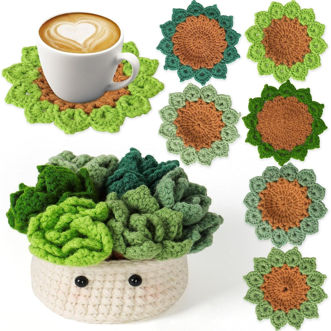Crochet Kit for Beginners, 6PCS Crochet Coasters Kit, Flower Potted Plant Crochet Kit with Crochet Hook, Colorful Yarn, Stitch Marker, Instruction, Craft Lover DIY Material Tools(Green) - Just Closeouts Canada Inc.