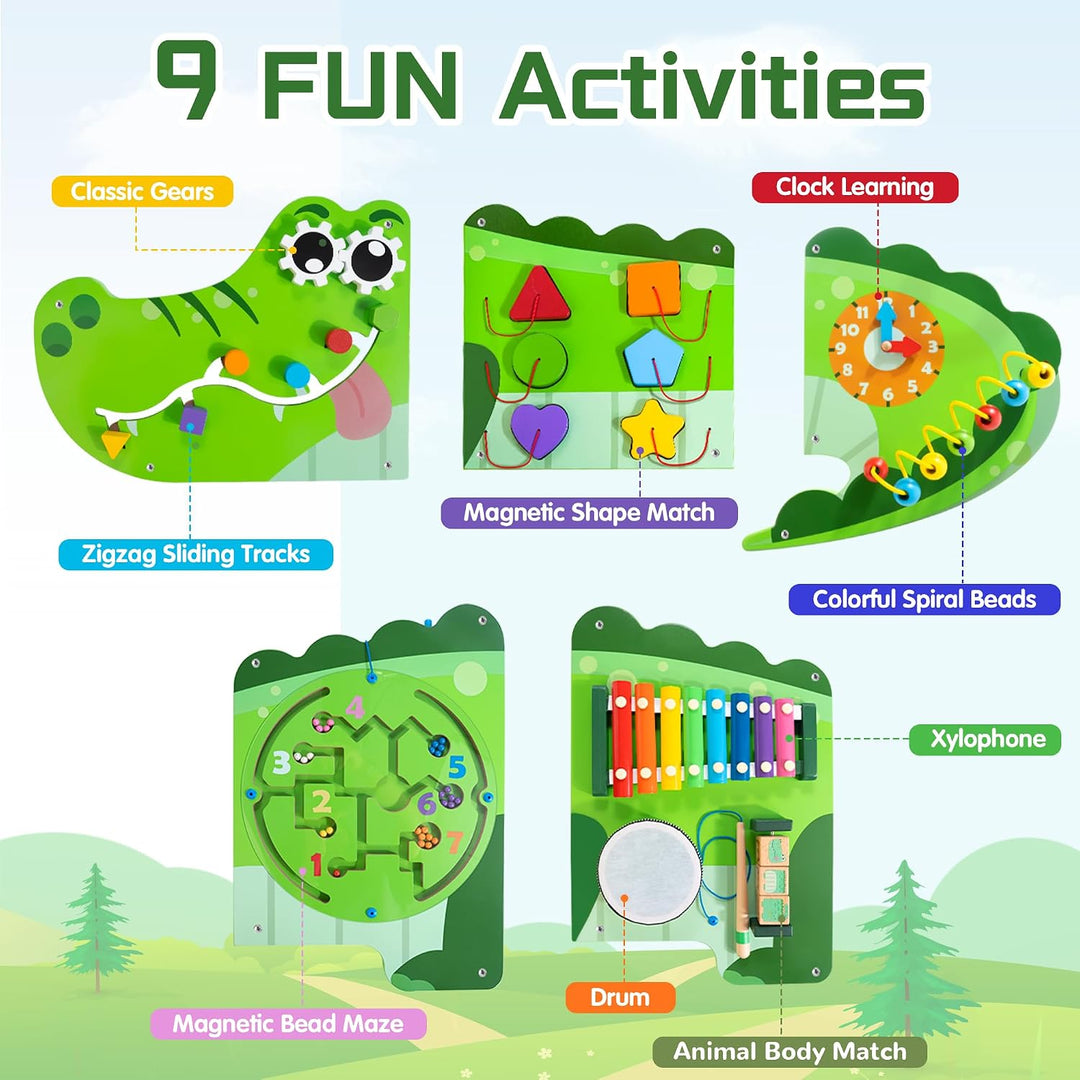 Crocodile Activity Wall Panels, 9-in-1 Wall-Mounted Crocodile Busy Board Wooden Montessori Activity Wall Panels Educational Sensory Board Playroom Wall Toys Daycare Learning Toy for Girls Boys - Just Closeouts Canada Inc.X004C98H2J