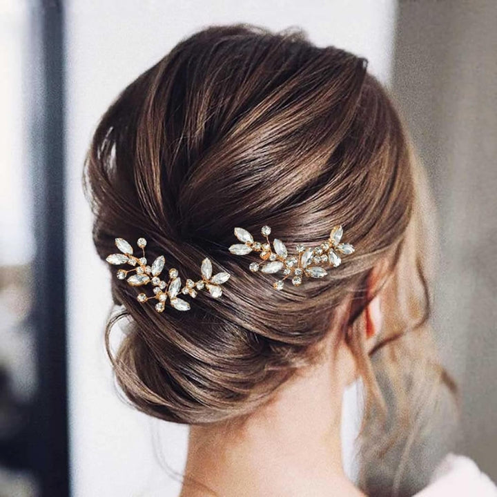 Crystal Bridal Wedding Hairpin Rhinestone Bridal Hair Accessories Side headdress suitable for brides Bridesmaids Party Party Wedding 2 packs (Golden) - Just Closeouts Canada Inc.