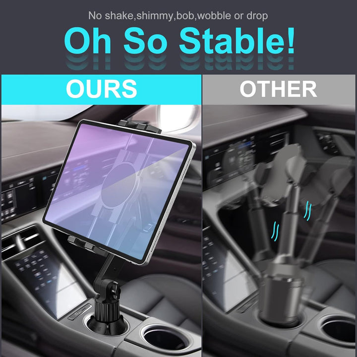 Cup Holder Car Tablet Mount for Truck, 360° Adjustable 15" Long 2 - Arm Stand Holder for iPad Pro 12.9/11/10.5/9.7/Air/Mini 6/5/4, Samsung Galaxy Tab/Z Fold 6/5/4, iPhone 16/15/Pro, 4.7 - 12.9" Tab &Phone - Just Closeouts Canada Inc.