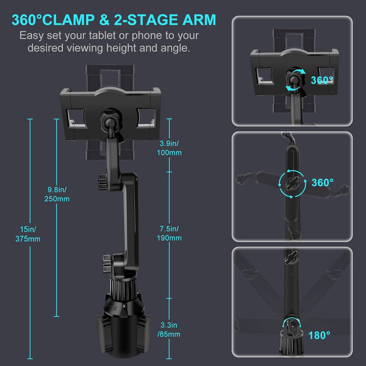 Cup Holder Car Tablet Mount for Truck, 360° Adjustable 15" Long 2 - Arm Stand Holder for iPad Pro 12.9/11/10.5/9.7/Air/Mini 6/5/4, Samsung Galaxy Tab/Z Fold 6/5/4, iPhone 16/15/Pro, 4.7 - 12.9" Tab &Phone - Just Closeouts Canada Inc.