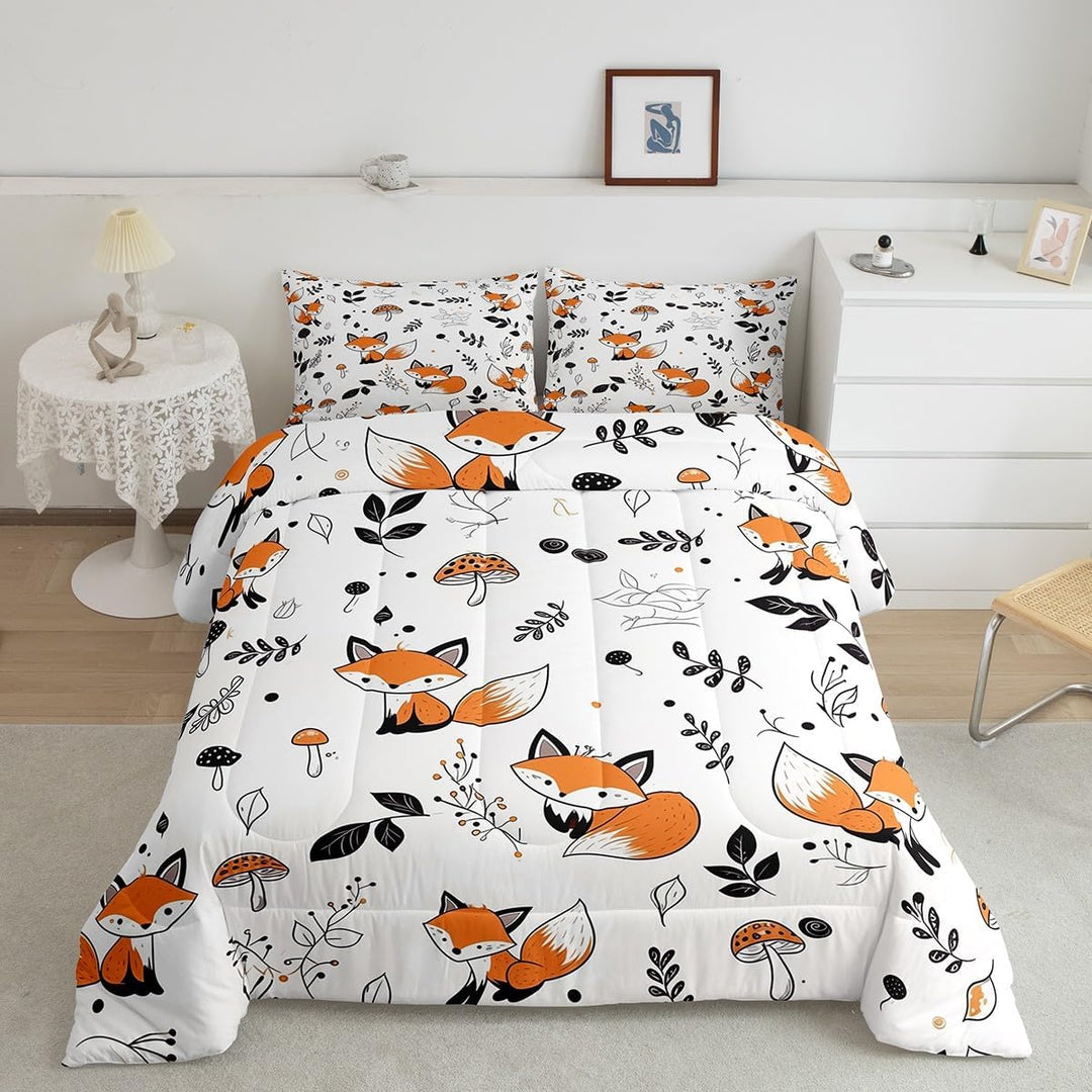 Cute Fox Comforter Set Twin Size Kids Cartoon Fox Bedding Set for Boys Girls Teens Mushroom Plant Comforter Breathable Woodland Fox Duvet Set Nature Wildlife Quilt Set - Just Closeouts Canada Inc.X004YELKIF