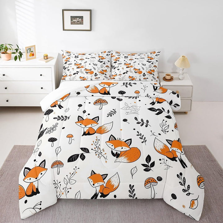Cute Fox Comforter Set Twin Size Kids Cartoon Fox Bedding Set for Boys Girls Teens Mushroom Plant Comforter Breathable Woodland Fox Duvet Set Nature Wildlife Quilt Set - Just Closeouts Canada Inc.X004YELKIF