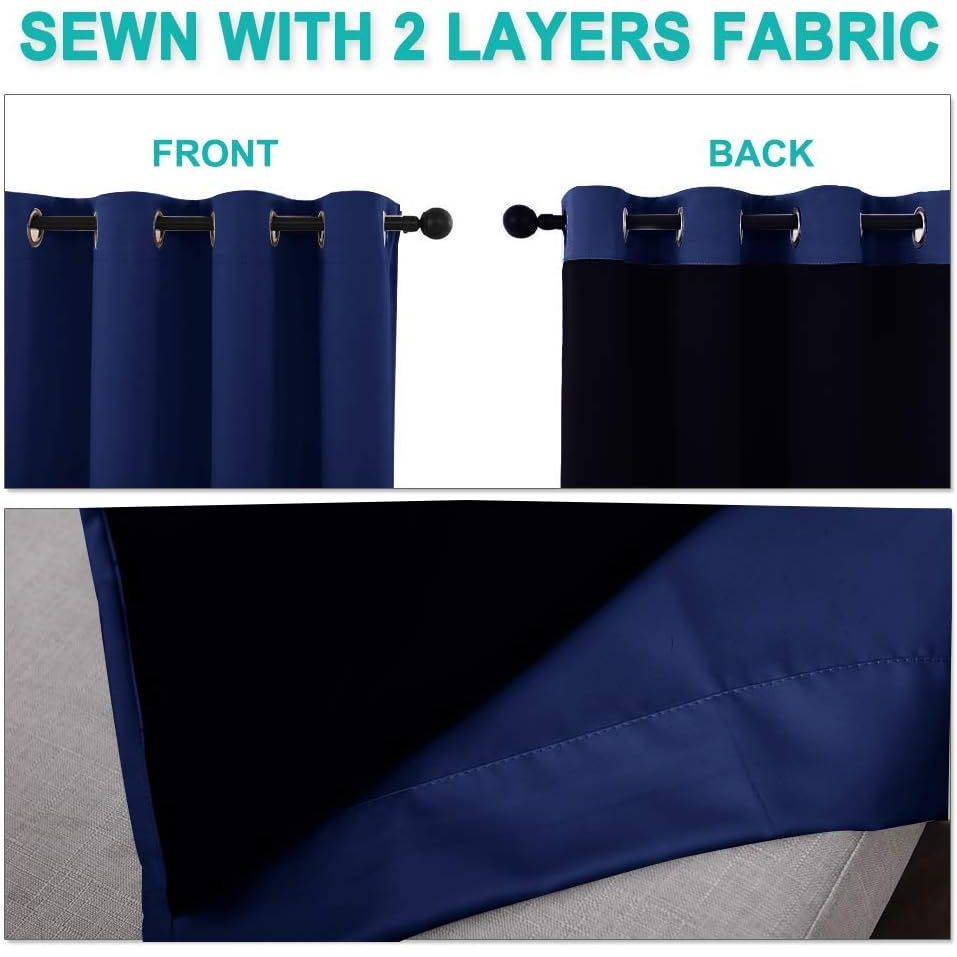 Dark Blue Black-Lined Blackout Grommet Curtains, 52 x 63 in, Set of 2 - Just Closeouts Canada Inc.