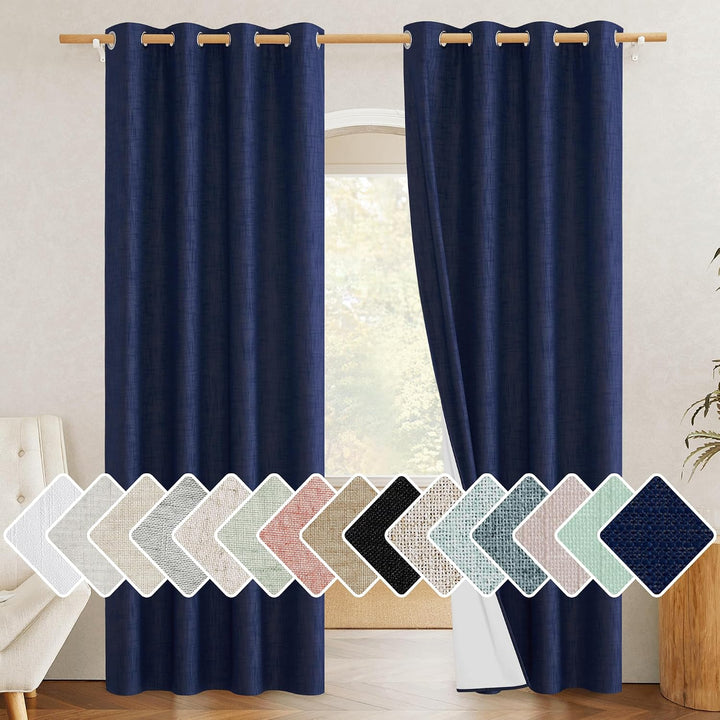 Dark Blue Linen-Look Blackout Curtains with White Liner, 52 x 84 in, 2 Panels - Just Closeouts Canada Inc.