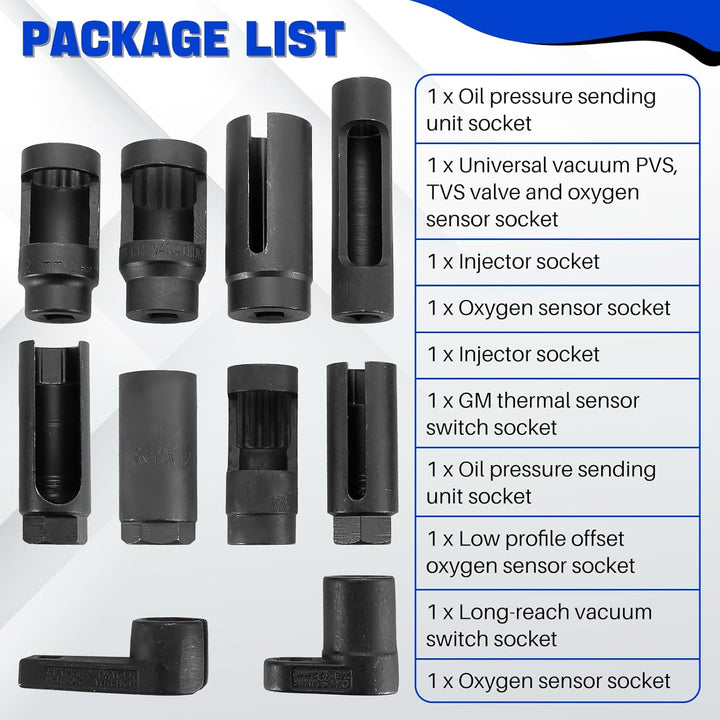 DASBET 10pcs Universal Sensor Socket Set - Oil Pressure Sending Unit & O2 Sensor Tool Set - Chrome Vanadium Steel - Automotive Sensor Maintenance - Just Closeouts Canada Inc.