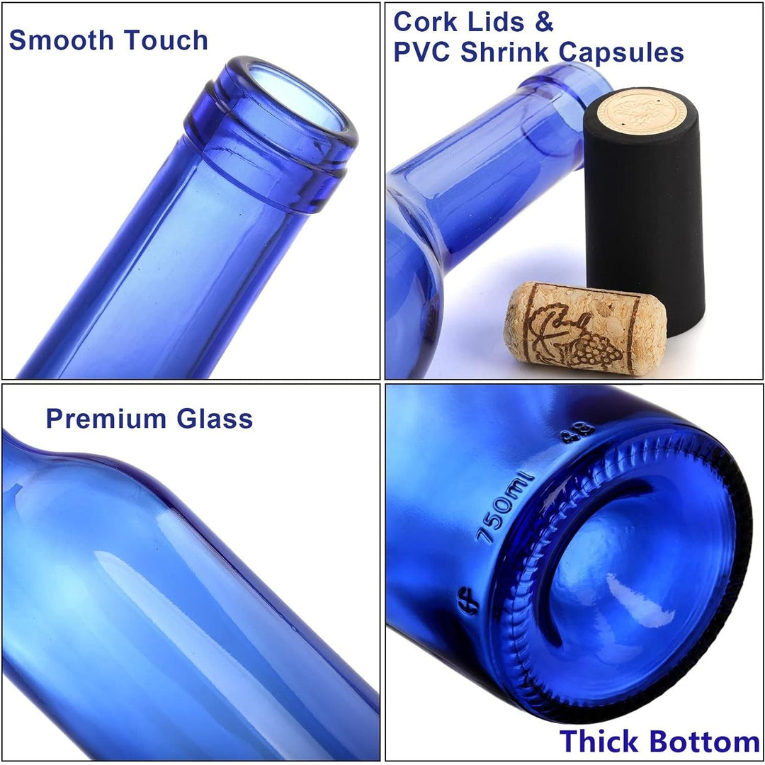DEAYOU 8 Pack 750ml Bordeaux Wine Bottles, Glass Clear Bottles with 8 Corks and 8 PVC Shrink Capsules, Flat - Bottomed Empty Bottle for Claret, Liquor, Champagne, Juice, Beverages, Decors, Cobalt Blue - Just Closeouts Canada Inc.