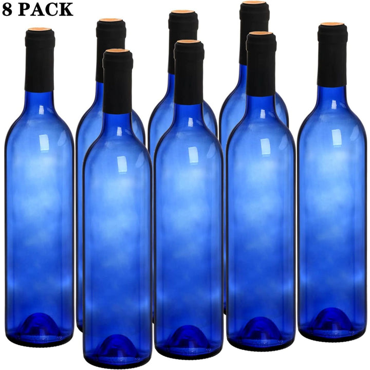 DEAYOU 8 Pack 750ml Bordeaux Wine Bottles, Glass Clear Bottles with 8 Corks and 8 PVC Shrink Capsules, Flat - Bottomed Empty Bottle for Claret, Liquor, Champagne, Juice, Beverages, Decors, Cobalt Blue - Just Closeouts Canada Inc.