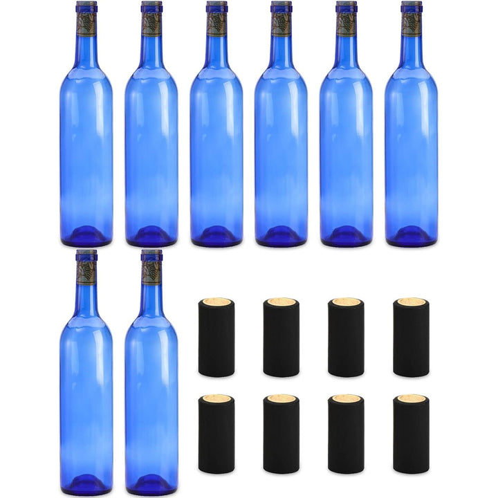 DEAYOU 8 Pack 750ml Bordeaux Wine Bottles, Glass Clear Bottles with 8 Corks and 8 PVC Shrink Capsules, Flat - Bottomed Empty Bottle for Claret, Liquor, Champagne, Juice, Beverages, Decors, Cobalt Blue - Just Closeouts Canada Inc.