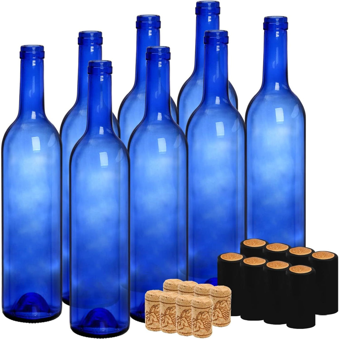 DEAYOU 8 Pack 750ml Bordeaux Wine Bottles, Glass Clear Bottles with 8 Corks and 8 PVC Shrink Capsules, Flat - Bottomed Empty Bottle for Claret, Liquor, Champagne, Juice, Beverages, Decors, Cobalt Blue - Just Closeouts Canada Inc.