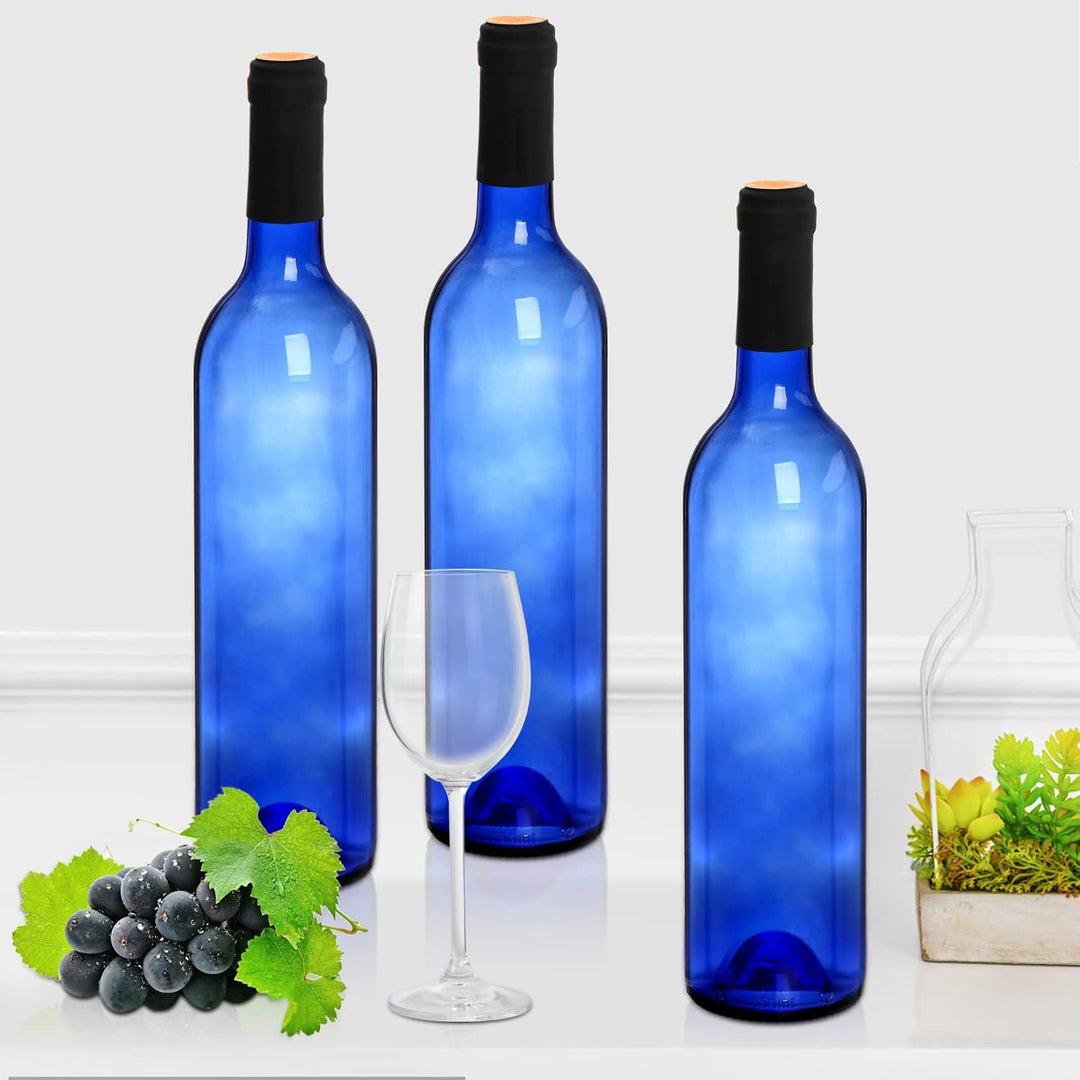 DEAYOU 8 Pack 750ml Bordeaux Wine Bottles, Glass Clear Bottles with 8 Corks and 8 PVC Shrink Capsules, Flat - Bottomed Empty Bottle for Claret, Liquor, Champagne, Juice, Beverages, Decors, Cobalt Blue - Just Closeouts Canada Inc.