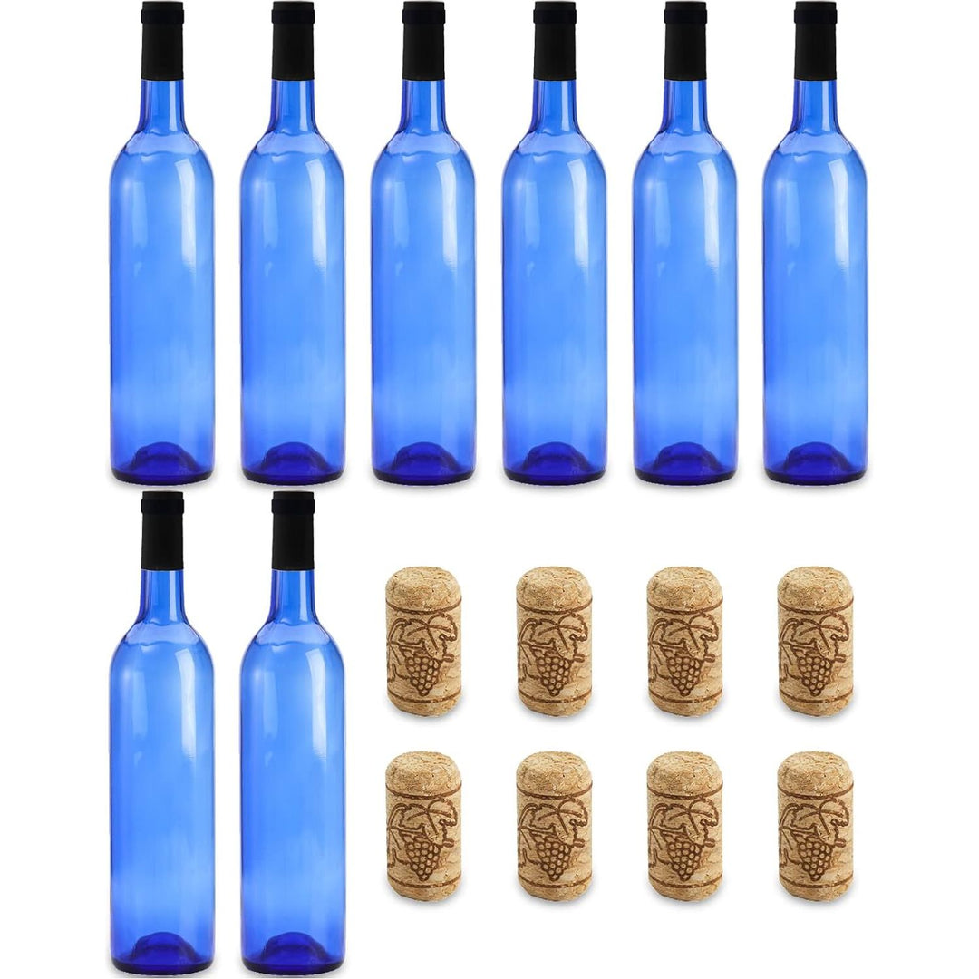 DEAYOU 8 Pack 750ml Bordeaux Wine Bottles, Glass Clear Bottles with 8 Corks and 8 PVC Shrink Capsules, Flat - Bottomed Empty Bottle for Claret, Liquor, Champagne, Juice, Beverages, Decors, Cobalt Blue - Just Closeouts Canada Inc.
