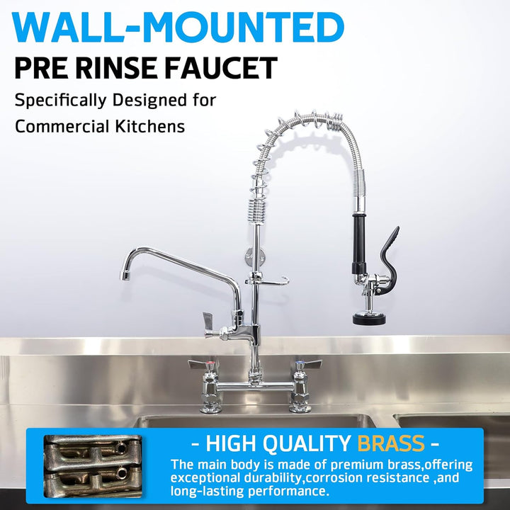 Deck Mount Commercial Faucet with Pre - Rinse Sprayer, 25" Height, 8" Center, 10" Swing Spout, Deck Mount Kitchen Sink Faucet, Brass Constructed Device with Pull Down Spray, for 1/2/4 Compartment Sink - Just Closeouts Canada Inc.X0037ZBI07