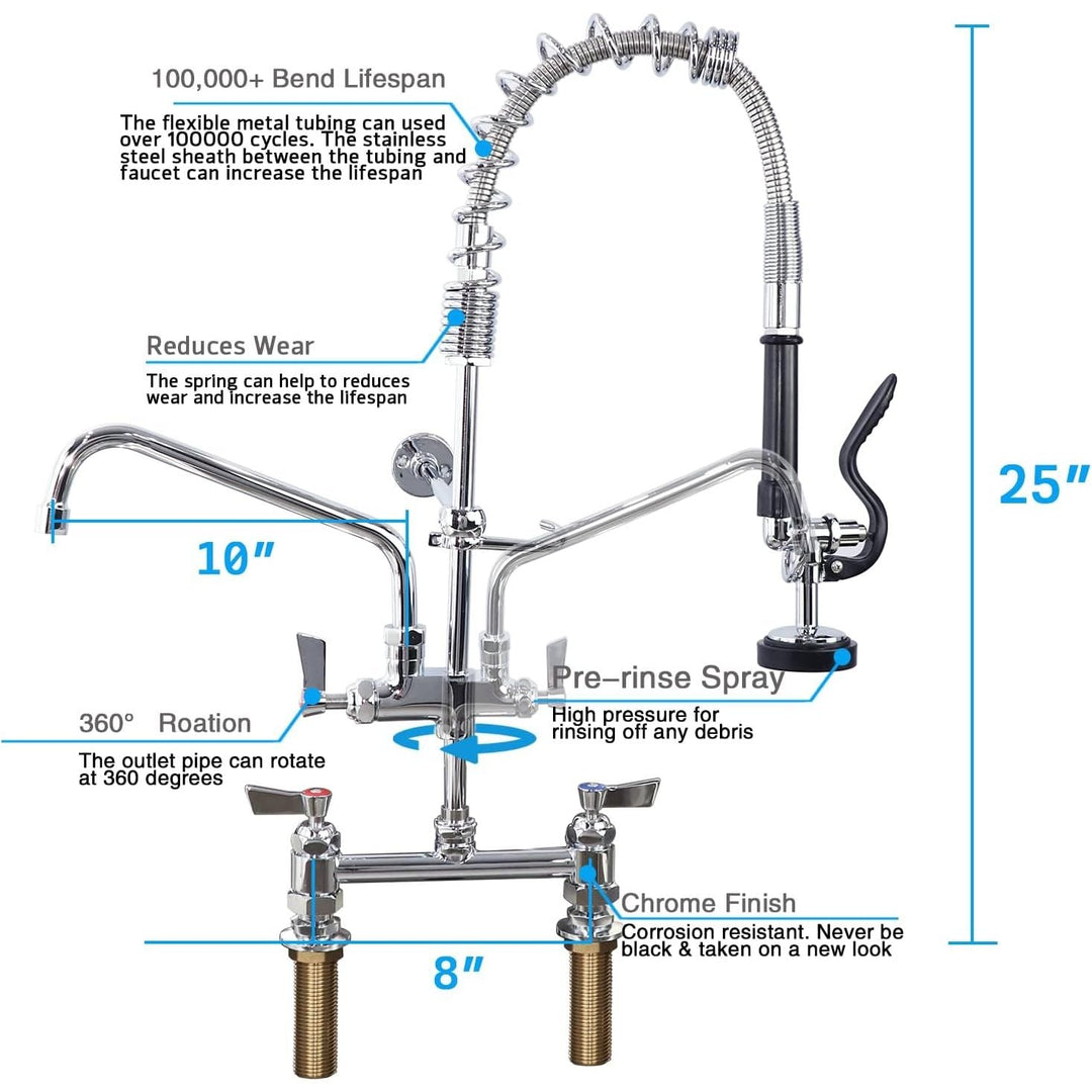 Deck Mount Commercial Faucet with Pre - Rinse Sprayer, 25" Height, 8" Center, 10" Swing Spout, Deck Mount Kitchen Sink Faucet, Brass Constructed Device with Pull Down Spray, for 1/2/4 Compartment Sink - Just Closeouts Canada Inc.X0037ZBI07