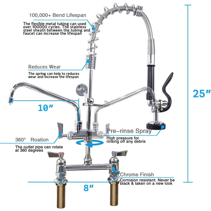 Deck Mount Commercial Faucet with Pre - Rinse Sprayer, 25" Height, 8" Center, 10" Swing Spout, Deck Mount Kitchen Sink Faucet, Brass Constructed Device with Pull Down Spray, for 1/2/4 Compartment Sink - Just Closeouts Canada Inc.X0037ZBI07