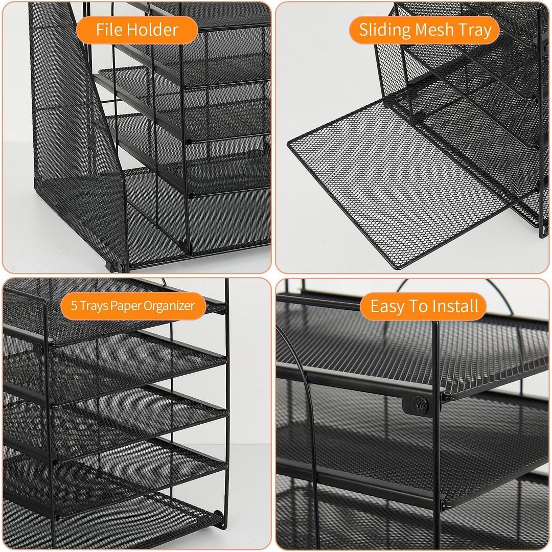 Desk Organizer with File Holder, 5 - Tier Paper Letter Tray, Mesh Desktop File Organizers, Organization and Storage for School, Home, Office (Black) - Just Closeouts Canada Inc.