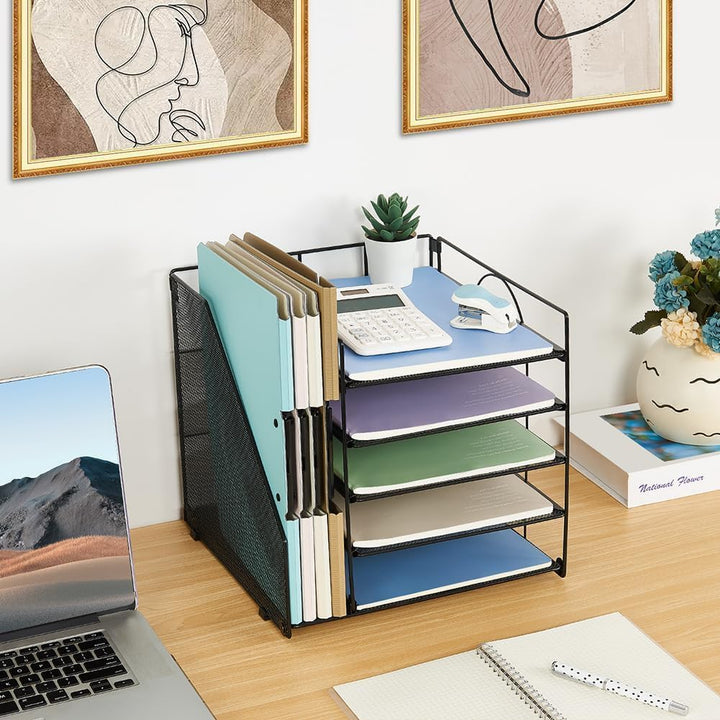 Desk Organizer with File Holder, 5 - Tier Paper Letter Tray, Mesh Desktop File Organizers, Organization and Storage for School, Home, Office (Black) - Just Closeouts Canada Inc.