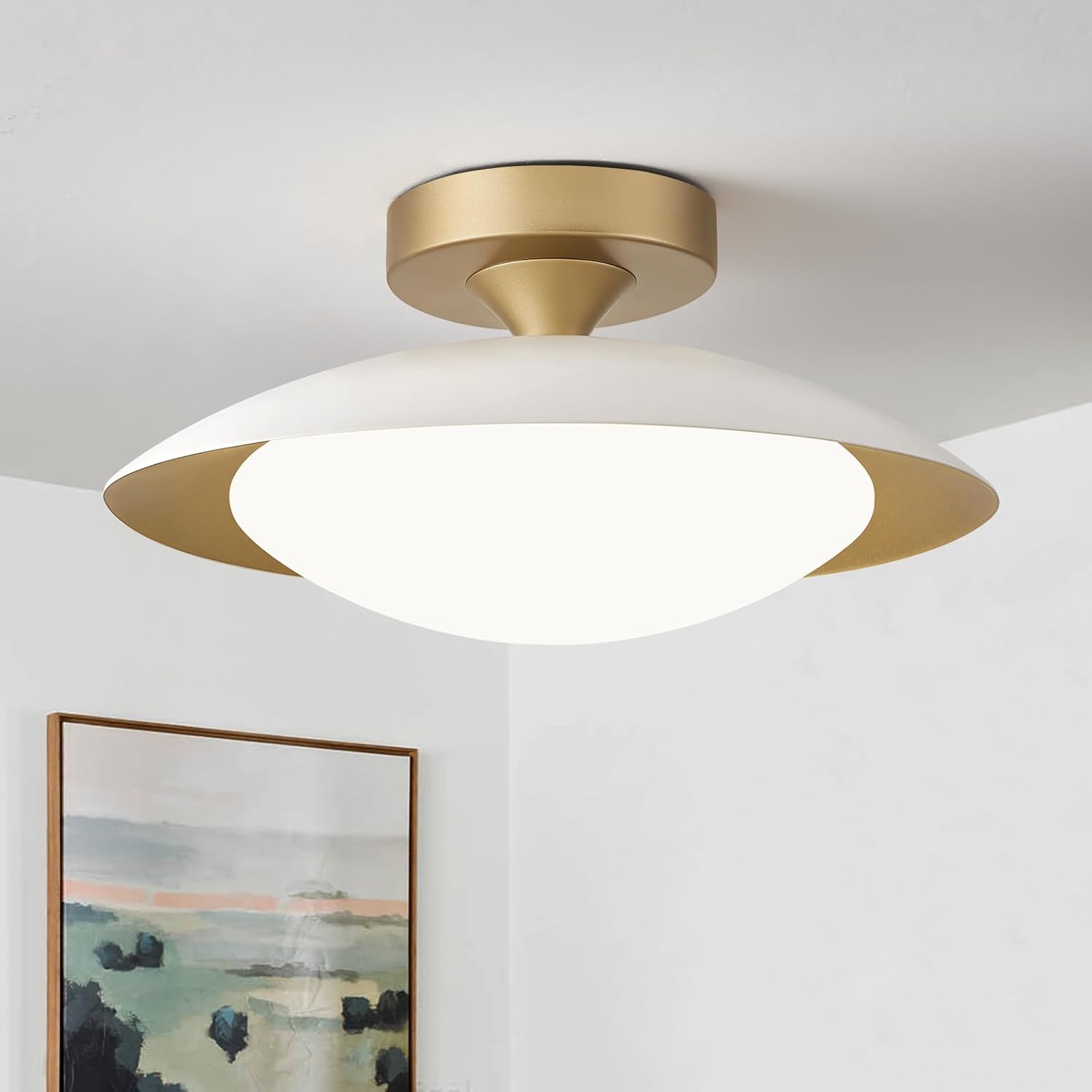 Dimmable White and Gold Ceiling Light, Mid-Century Semi Flush Mount Ce ...
