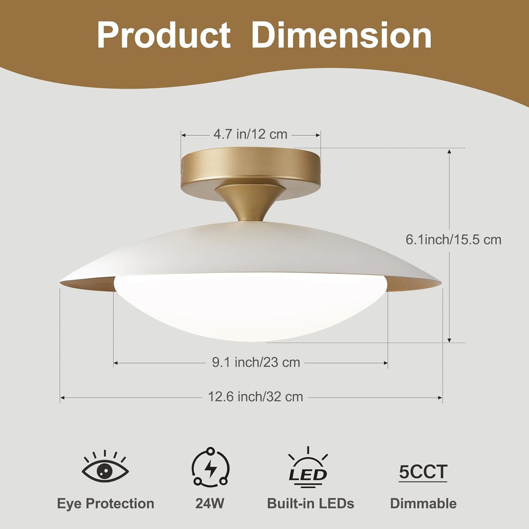 Dimmable White and Gold Ceiling Light, Mid - Century Semi Flush Mount Ceiling Light, Modern LED Lighting Fixture, 5CCT 2700K - 6000K Ceiling Lamp with Acrylic Shade for Bedroom Hallway Kitchen, 11.8in - Just Closeouts Canada Inc.X004CR9SNN