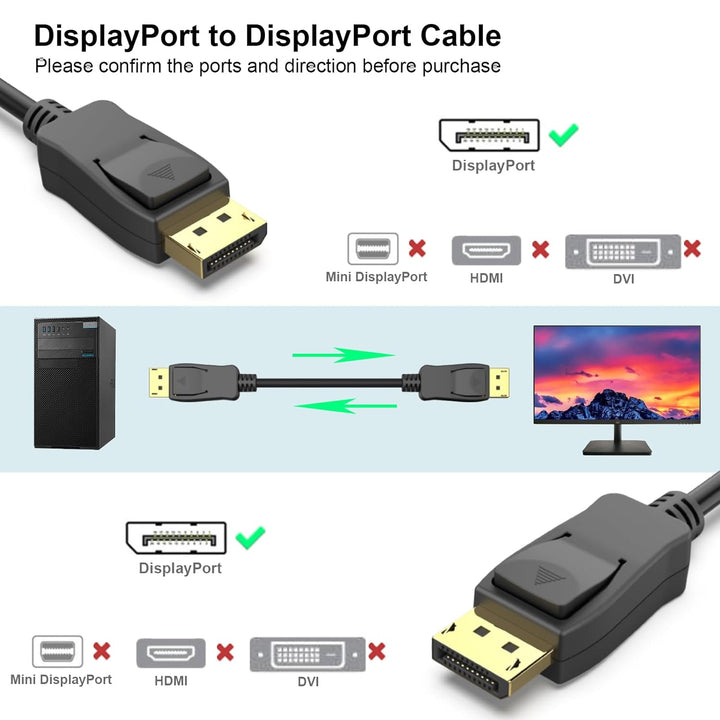 DisplayPort to DisplayPort 3 Feet Cable [8K@60Hz, 4K@144Hz 120Hz, 2K@240Hz], DP to DP Male to Male Cable Gold - Plated Cord Compatible for Lenovo, Dell, HP, ASUS and More - Just Closeouts Canada Inc.