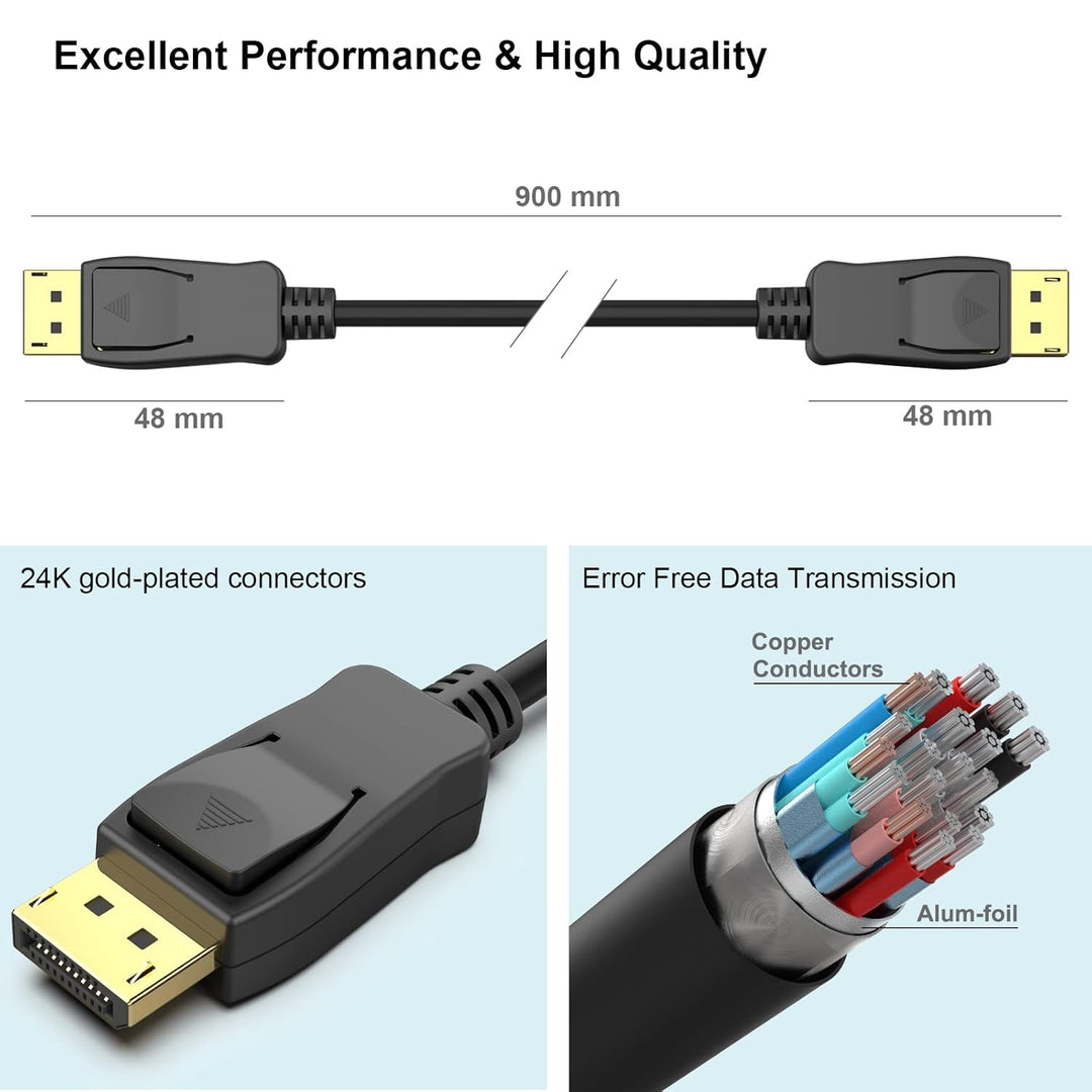 DisplayPort to DisplayPort 3 Feet Cable [8K@60Hz, 4K@144Hz 120Hz, 2K@240Hz], DP to DP Male to Male Cable Gold - Plated Cord Compatible for Lenovo, Dell, HP, ASUS and More - Just Closeouts Canada Inc.