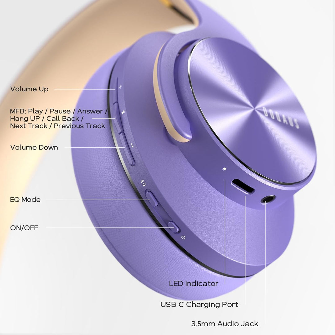 DOQAUS Wireless Headphones, [90 Hrs Playtime] Headphone Bluetooth Wireless with 3 EQ Modes, Hi - Fi Stereo Bluetooth Headset with Microphone and Comfortable Earpads for iPhone/PC/Travel/Office (Purple) - Just Closeouts Canada Inc.