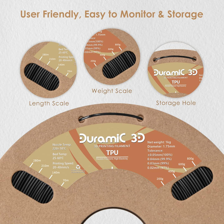 DURAMIC 3D TPU Filament 1.75mm Black, TPU Flexible Filament 95A, Soft TPU 3D Printing Filament, 1kg Spool, Dimensional Accuracy +/ - 0.05mm, Black 2 Pack - Just Closeouts Canada Inc.