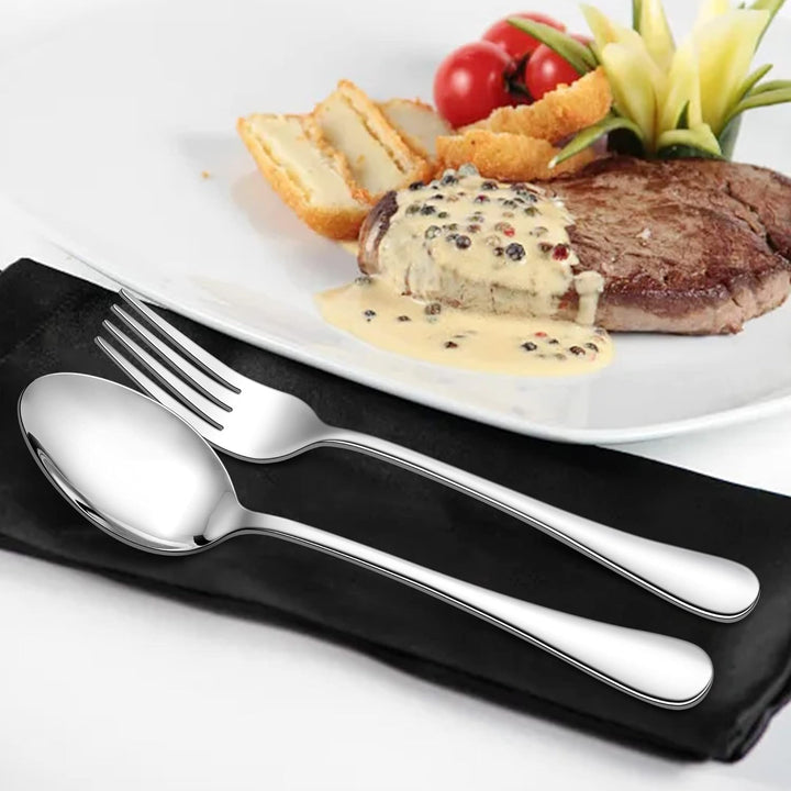 E - far 16 - Piece Dinner Forks and Spoons, Stainless Steel Silverware Flatware Eating Utensils Set for Home Kitchen Restaurant, Food Grade Metal & Simple Design, Mirror Finish & Dishwasher Safe, 8 Inch - Just Closeouts Canada Inc.