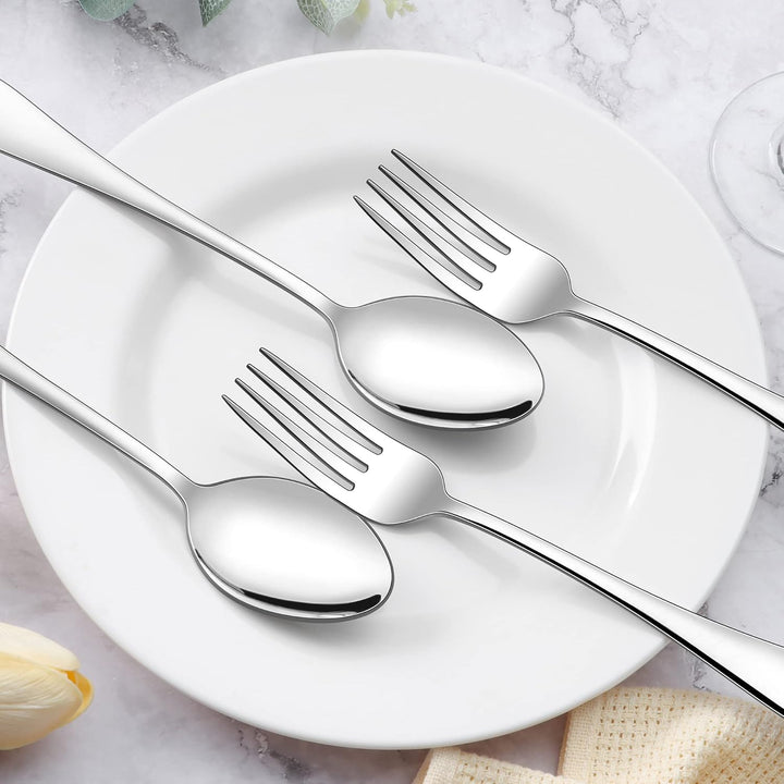 E - far 16 - Piece Dinner Forks and Spoons, Stainless Steel Silverware Flatware Eating Utensils Set for Home Kitchen Restaurant, Food Grade Metal & Simple Design, Mirror Finish & Dishwasher Safe, 8 Inch - Just Closeouts Canada Inc.