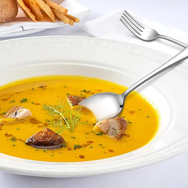 E - far 16 - Piece Dinner Forks and Spoons, Stainless Steel Silverware Flatware Eating Utensils Set for Home Kitchen Restaurant, Food Grade Metal & Simple Design, Mirror Finish & Dishwasher Safe, 8 Inch - Just Closeouts Canada Inc.