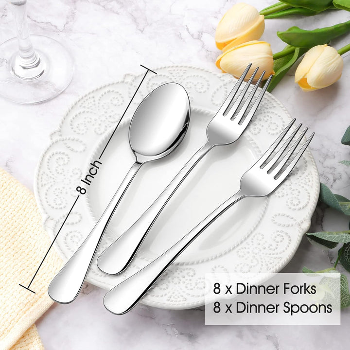E - far 16 - Piece Dinner Forks and Spoons, Stainless Steel Silverware Flatware Eating Utensils Set for Home Kitchen Restaurant, Food Grade Metal & Simple Design, Mirror Finish & Dishwasher Safe, 8 Inch - Just Closeouts Canada Inc.