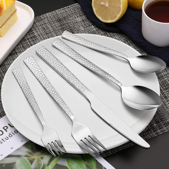 E - far 60 - Piece Silverware Set, Hammered Stainless Steel Square Flatware Cutlery Set for 12, Tableware Set Eating Utensils for Home Kitchen Restaurant, Modern Design & Mirror Polished - Dishwasher Safe - Just Closeouts Canada Inc.