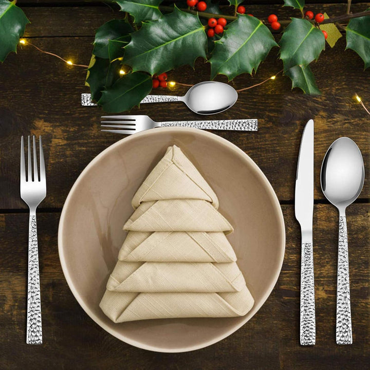 E - far 60 - Piece Silverware Set, Hammered Stainless Steel Square Flatware Cutlery Set for 12, Tableware Set Eating Utensils for Home Kitchen Restaurant, Modern Design & Mirror Polished - Dishwasher Safe - Just Closeouts Canada Inc.