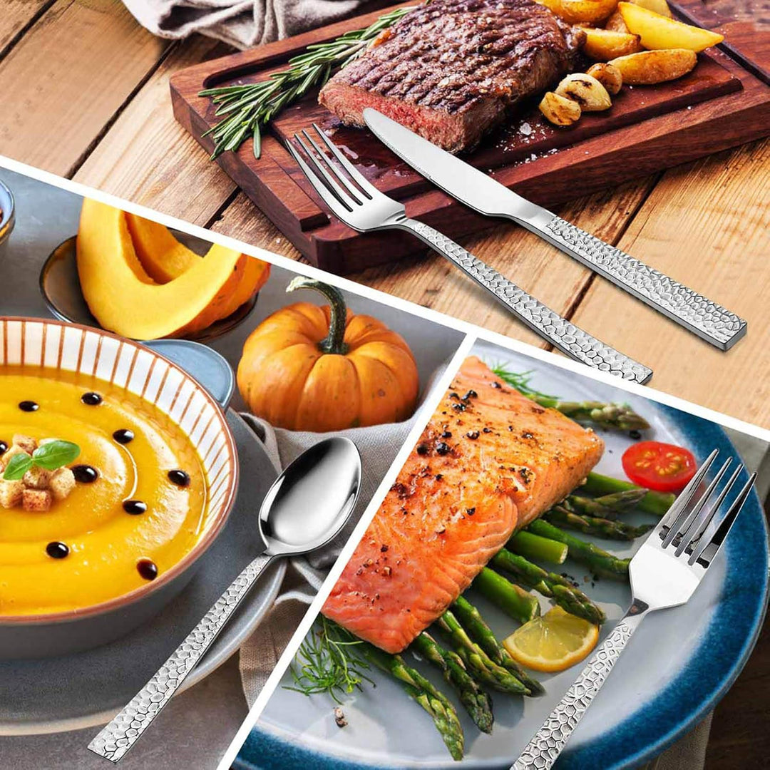 E - far 60 - Piece Silverware Set, Hammered Stainless Steel Square Flatware Cutlery Set for 12, Tableware Set Eating Utensils for Home Kitchen Restaurant, Modern Design & Mirror Polished - Dishwasher Safe - Just Closeouts Canada Inc.