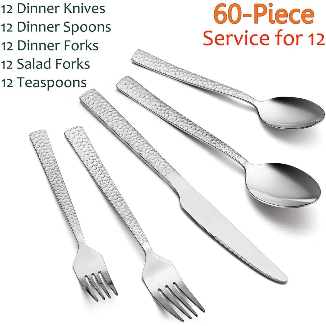 E - far 60 - Piece Silverware Set, Hammered Stainless Steel Square Flatware Cutlery Set for 12, Tableware Set Eating Utensils for Home Kitchen Restaurant, Modern Design & Mirror Polished - Dishwasher Safe - Just Closeouts Canada Inc.