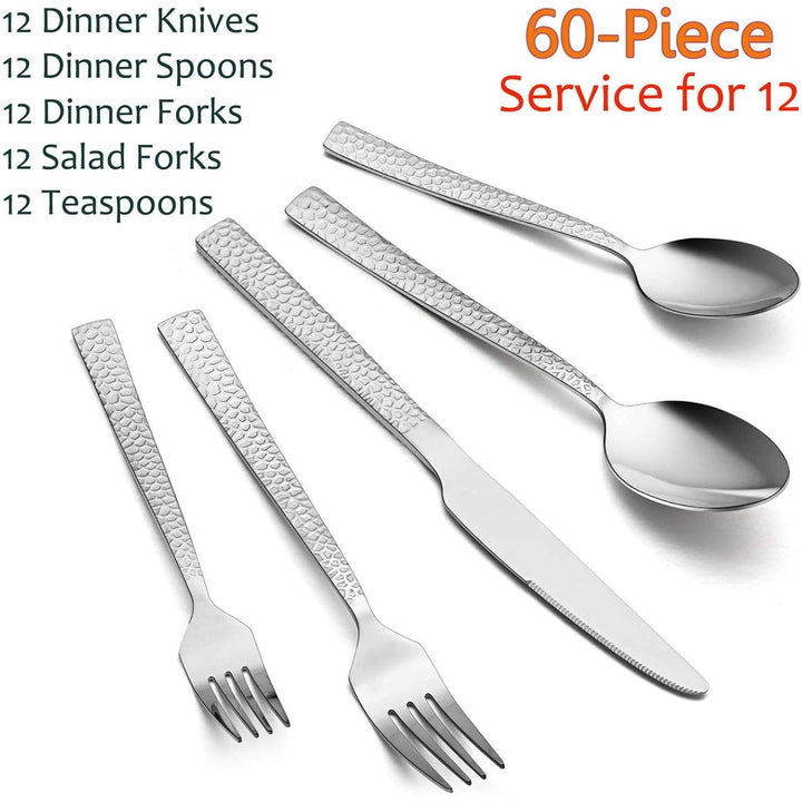 E - far 60 - Piece Silverware Set, Hammered Stainless Steel Square Flatware Cutlery Set for 12, Tableware Set Eating Utensils for Home Kitchen Restaurant, Modern Design & Mirror Polished - Dishwasher Safe - Just Closeouts Canada Inc.