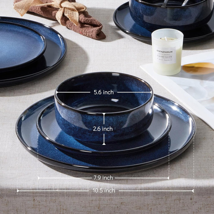 E - far Dinnerware Sets for 4, 12 - Piece Stoneware Plates and Bowls Set, Ceramic Dishes Reactive Glaze Dinning Ware, Microwave & Dishwasher Safe - Deep Sea Blue - Just Closeouts Canada Inc.