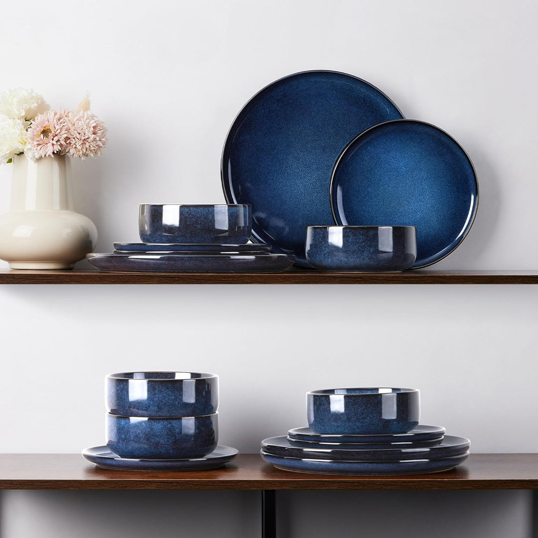E - far Dinnerware Sets for 4, 12 - Piece Stoneware Plates and Bowls Set, Ceramic Dishes Reactive Glaze Dinning Ware, Microwave & Dishwasher Safe - Deep Sea Blue - Just Closeouts Canada Inc.