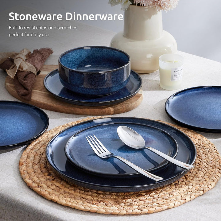 E - far Dinnerware Sets for 4, 12 - Piece Stoneware Plates and Bowls Set, Ceramic Dishes Reactive Glaze Dinning Ware, Microwave & Dishwasher Safe - Deep Sea Blue - Just Closeouts Canada Inc.