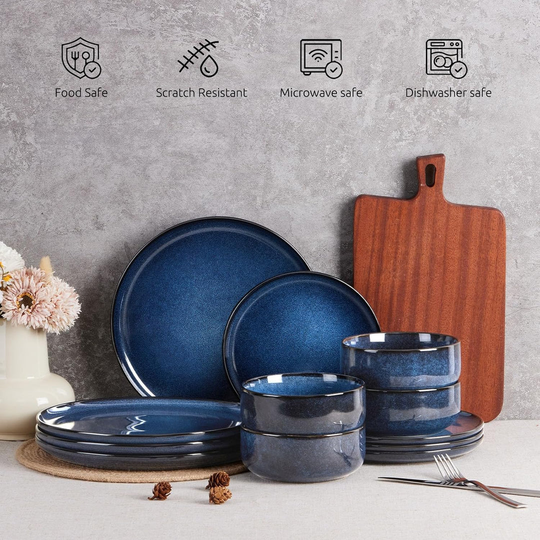E - far Dinnerware Sets for 4, 12 - Piece Stoneware Plates and Bowls Set, Ceramic Dishes Reactive Glaze Dinning Ware, Microwave & Dishwasher Safe - Deep Sea Blue - Just Closeouts Canada Inc.