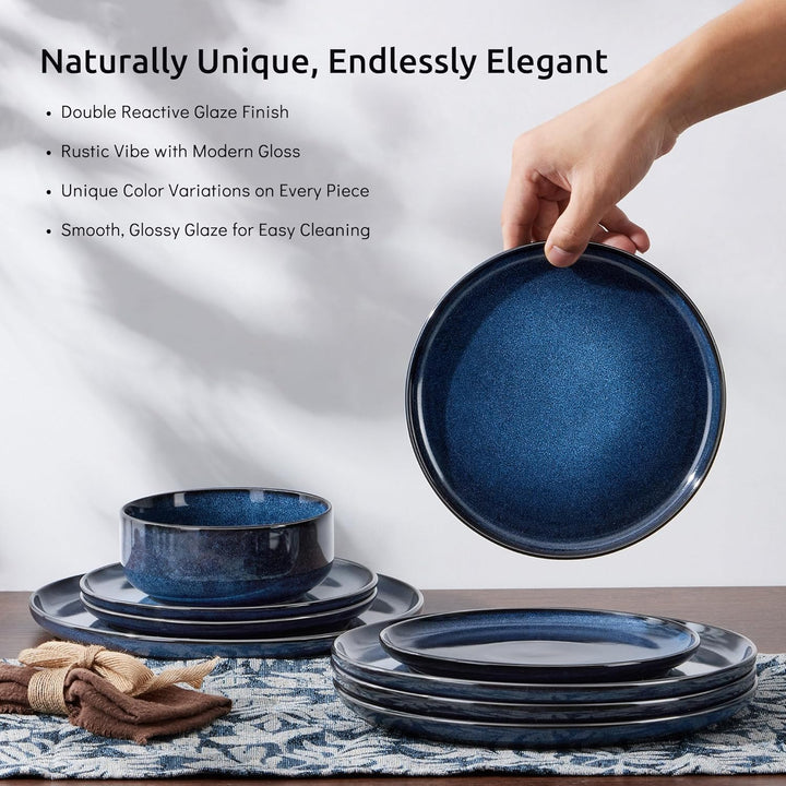 E - far Dinnerware Sets for 4, 12 - Piece Stoneware Plates and Bowls Set, Ceramic Dishes Reactive Glaze Dinning Ware, Microwave & Dishwasher Safe - Deep Sea Blue - Just Closeouts Canada Inc.