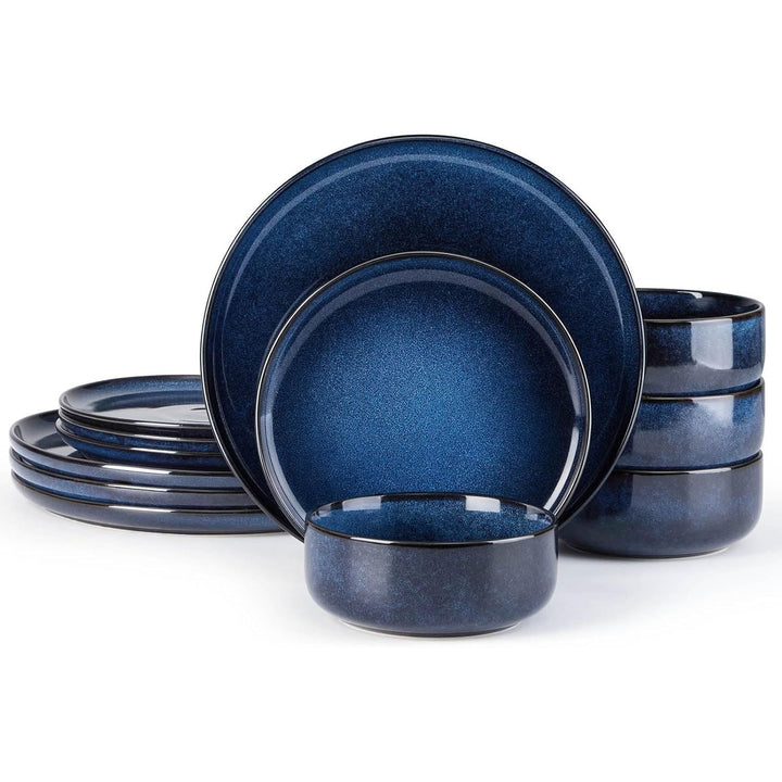 E - far Dinnerware Sets for 4, 12 - Piece Stoneware Plates and Bowls Set, Ceramic Dishes Reactive Glaze Dinning Ware, Microwave & Dishwasher Safe - Deep Sea Blue - Just Closeouts Canada Inc.