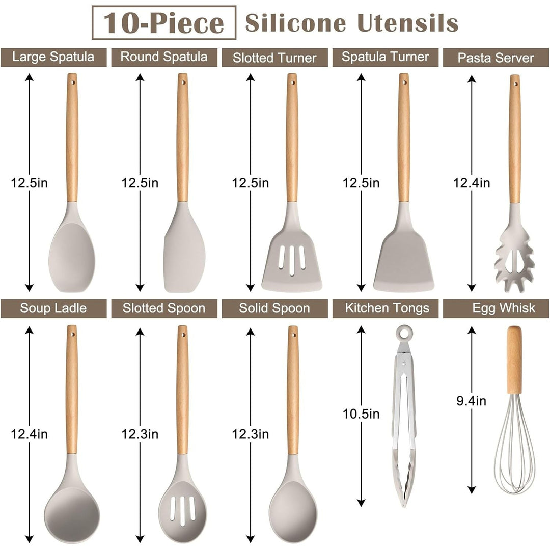 E - far Silicone Cooking Utensils Set, 10 - Piece Heat Resistant Kitchen Utensils Set with Wooden Handle for Nonstick Cookware, Kitchen Nonstick Tools Spatula Whisk Tongs Ladle, Non - toxic & Healthy(Khaki) - Just Closeouts Canada Inc.
