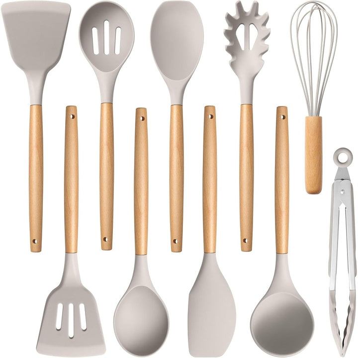 E - far Silicone Cooking Utensils Set, 10 - Piece Heat Resistant Kitchen Utensils Set with Wooden Handle for Nonstick Cookware, Kitchen Nonstick Tools Spatula Whisk Tongs Ladle, Non - toxic & Healthy(Khaki) - Just Closeouts Canada Inc.
